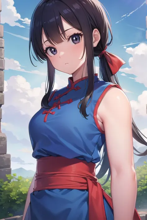 dragonballchichi, <lyco:chichi-lyco-nochekaiser:1>, 
chi chi, (black eyes:1.5), black hair, long hair, hime cut, blunt bangs, sidelocks,
BREAK bare arms, blue dress, china dress, chinese clothes, dress, high collar, obi, pants, ponytail, red pants, red sash, red wristband, sash, side slit, sleeveless, sleeveless dress, wristband
BREAK outdoors, nature, forest, cloud, sky, sun,
BREAK looking at viewer, (cowboy shot:1.5),
BREAK <lyco:GoodHands-beta2:1>, (masterpiece:1.2), best quality, high resolution, unity 8k wallpaper, (illustration:0.8), (beautiful detailed eyes:1.6), extremely detailed face, perfect lighting, extremely detailed CG, (perfect hands, perfect anatomy),