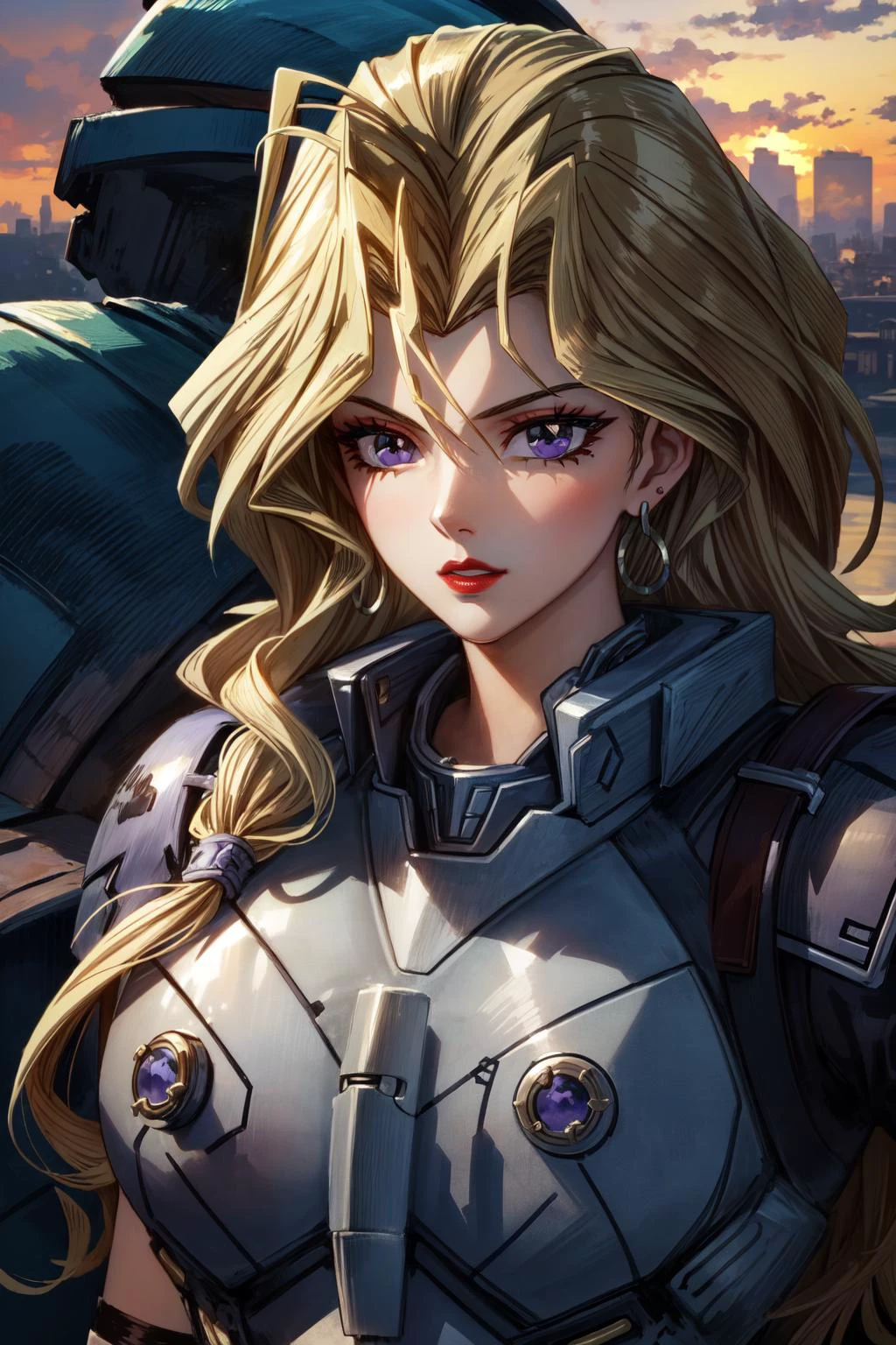 (masterpiece, best quality), intricate details
1girl, <lora:mai valentineV1:0.8> mai valentine, long hair, blonde hair, jewelry, purple eyes, earrings, makeup, lipstick,
<lora:Parrley1:1> Parrley_armor, (big bulky futuristic armor:1.3), ,wearing Parrley_armor,