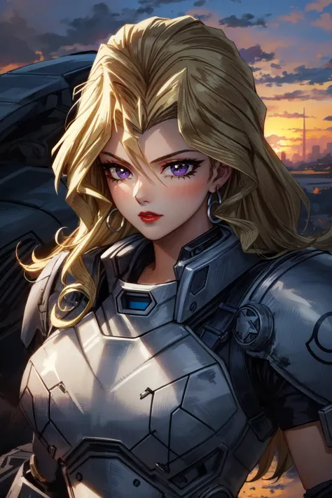 (masterpiece, best quality),  intricate details
1girl,  <lora:mai valentineV1:0.8> mai valentine, long hair, blonde hair, jewelry, purple eyes, earrings, makeup, lipstick, 
 <lora:Parrley1:1> Parrley_armor, (big bulky futuristic armor:1.3), ,wearing Parrley_armor, soldier, military,