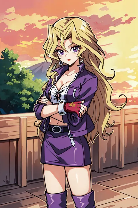 (masterpiece, best quality), intricate details
1girl, <lora:mai valentineV1:0.8> mai valentine, long hair, blonde hair, jewelry, purple eyes, earrings, makeup, lipstick, red fingerless gloves, purple jacket, white bustier, purple skirt, black belt, black boots,