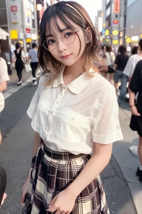 (skin blemish:0.8), (skindentation), black eye, 1woman, 25yo, (((woman))), solo, realistic, best quality, photorealistic, masterpiece, 8k, high res, solo, extremely detailed face, (professional lighting, bokeh), (light particles, lens flare, glowing particles:0.6), (dynamic pose:1.2), soft lighting, top angle view, fashionable and trendy atmosphere, japan, street, tokyo, city, ((daytime)), sky, ((looking at the viewer:1)), (looking at the camera),(portrait:0.6), cowboy shot, gorgeous, standing, keep original facial proportion, wide shoulder, full body, (small breast), (medium hair), brown hair, floating hair, lips, lipstick, seductive smile, floating hair, smile, open_mouth, teeth, (sleeves less white blouse), (jumper skirt), (plaids skirt), short sleeves t shirt, eyelashes, mole, (mole under eye:1), (eyeglasses:1), <lora:MindaRyn:0.8>