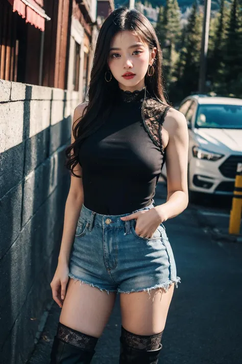 masterpiece, best quality, realistic, 8k, official art, cinematic light, ultra high res, 1girl,  standing, day, sunlight, light on face, earrings , Tousled, Mix a lace bodysuit with high-waisted shorts and over-the-knee boots., Banff National Park, Canada, highly detailed
<lora:JPfilmColor_Heavy_grain:0.5> <lora:lowra_v10:0.5>,