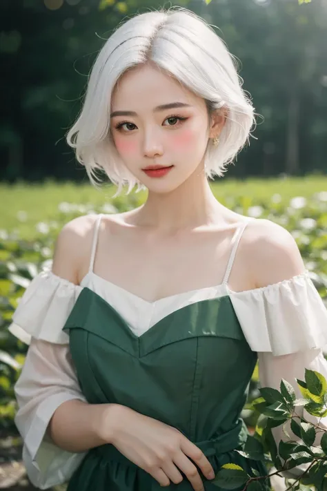 1girl, [thin face:0.8], (blushing), Fulfilled, Delighted, Happy, (white shirt), young beautiful girl, (shiny skin:1.2), beautiful skin, (pupils sparkling), (white hair), wind blow, scattering of light, BREAK, (summer, green leaves, green field:1.2), BREAK, (soft focus:1.2) on the Foreground, (Bokeh-filled Foreground:1.3), Shallow Depth of Field, Delicate Blur, Subtle Transitions, Depth and Atmosphere, masterpiece,ultra realistic,32k,extremely detailed CG unity 8k wallpaper, best quality