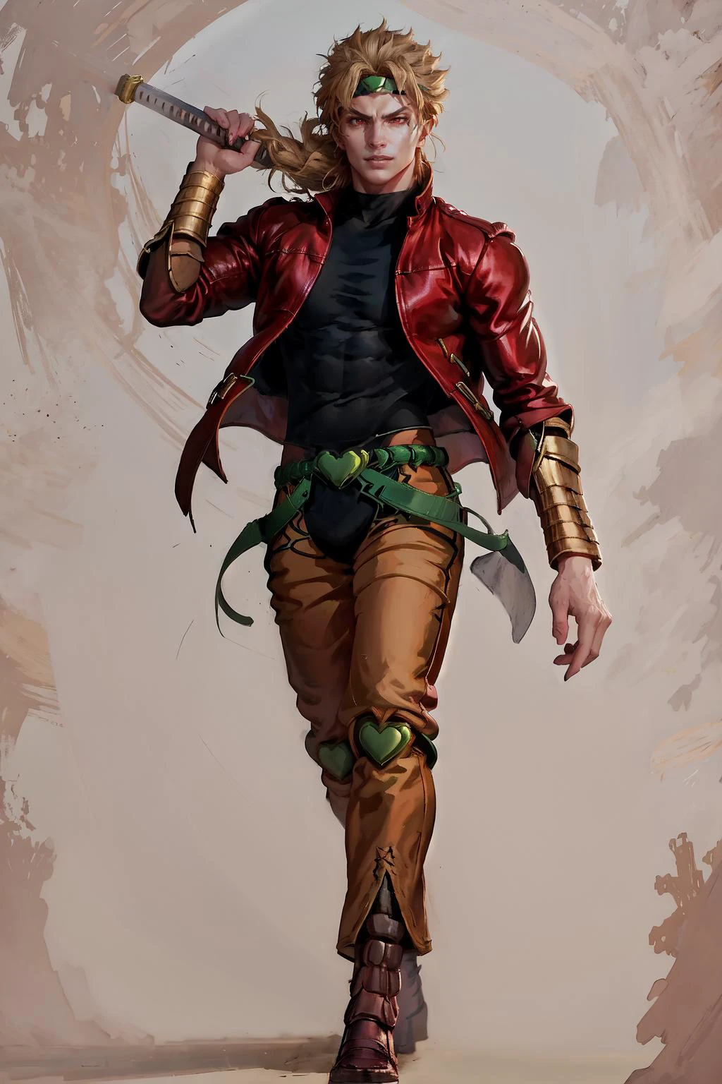High Quality, Masterpiece, 1boy, solo, KatanaOneHand, holding, <lora:UBWKatanaOneHand:1>, blade on shoulder, blade right hand, dio, jacket, pants, headband, <lora:Char_Sigmas_Dio:0.9>