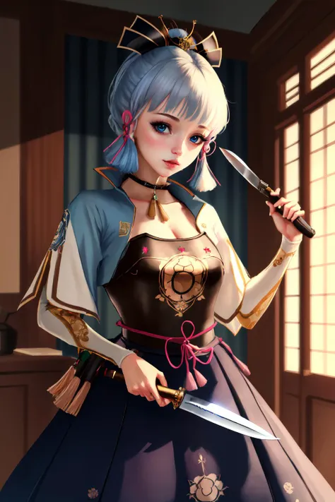 Highly detailed, High Quality, Masterpiece, beautiful, <lora:UnlimitedBladeWorksV0.3:0.8>, (Yor Knife:1.2), 1girl, solo, kamisato_ayaka, <lora:Char_GenshinImpact_KamisatoAyaka:1>, (detailed face and eyes:1.3)