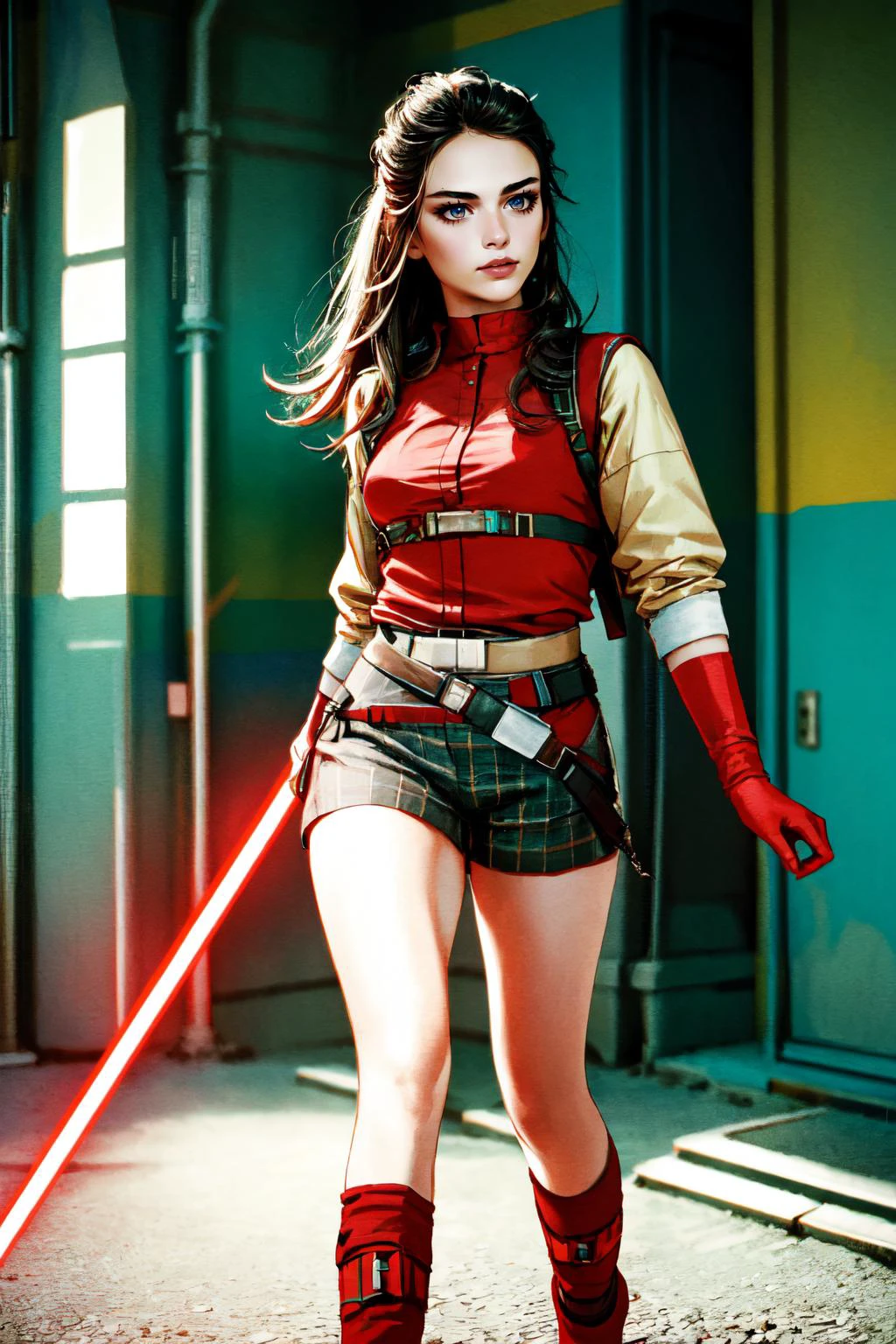 Highly detailed, High Quality, Masterpiece,<lora:UnlimitedBladeWorksv0.2:0.9>, Lightsaber, nice hands, perfect hands, <lora:Other_EnvyBetterHands:1>, 1girl, (photorealistic:1.5), (RAW photo, 8k uhd, film grain), beautiful tkd_woman, perfect tkd_face, perfect tkd_body, <lora:Doll_Turkish:0.75>, full body, outfit-texas, <lora:Outfit_Texas:1>, (detailed face and eyes:1.3)