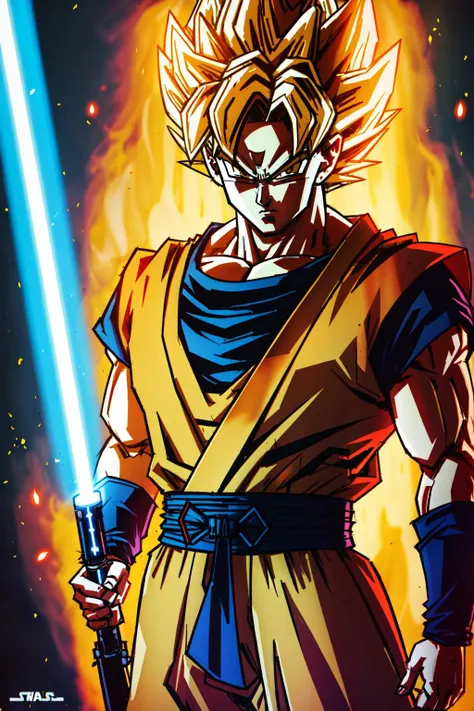 Highly detailed, High Quality, Masterpiece, beautiful, <lora:UnlimitedBladeWorksV0.3:0.8>, (Lightsaber:1.2), 1boy, solo, son_goku, super_saiyan, yellow_hair, yellow_aura,<lora:Char_DragonBall_SonGoku:0.6>, (detailed face and eyes:1.3)