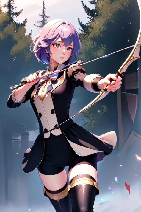 Highly detailed, High Quality, Masterpiece, beautiful, BowAiming, bow \(weapon\), aiming, <lora:UnlimitedBladeWorksV1:1>, 1girl, solo, cowboy shot, defBernie, black jacket, black skirt, spandex shorts, thigh boots, <lora:Char_FireEmblem_Bernadetta:0.7>