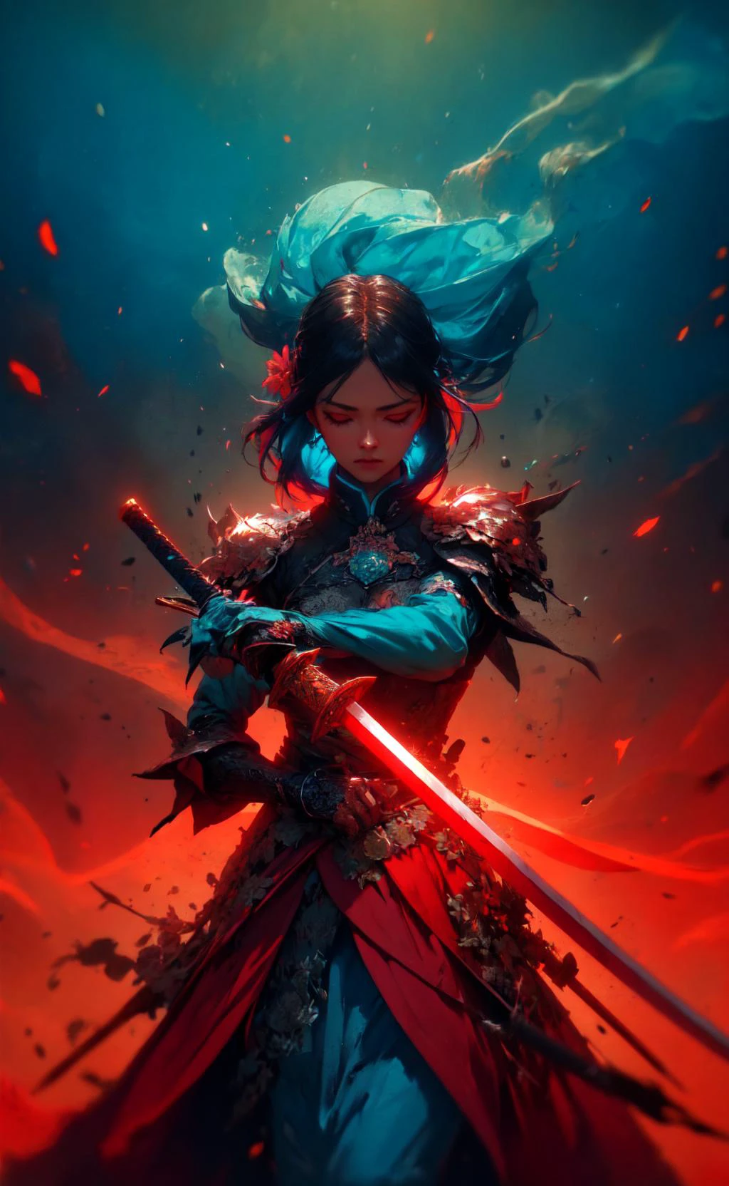 <lora:UnlimitedBladeWorks1.6:0.9>,KatanaOneHand,woman, darl background,flower armor,,exposure blend, medium shot, bokeh, (hdr:1.4), high contrast, (cinematic, teal and orange:0.85), (muted colors, dim colors, soothing tones:1.3), low saturation,<lora:LowRA:.5> smoke,<lora:r1ge - AnimeRage:.4> shining sword,cluster amaryllis,wind,s