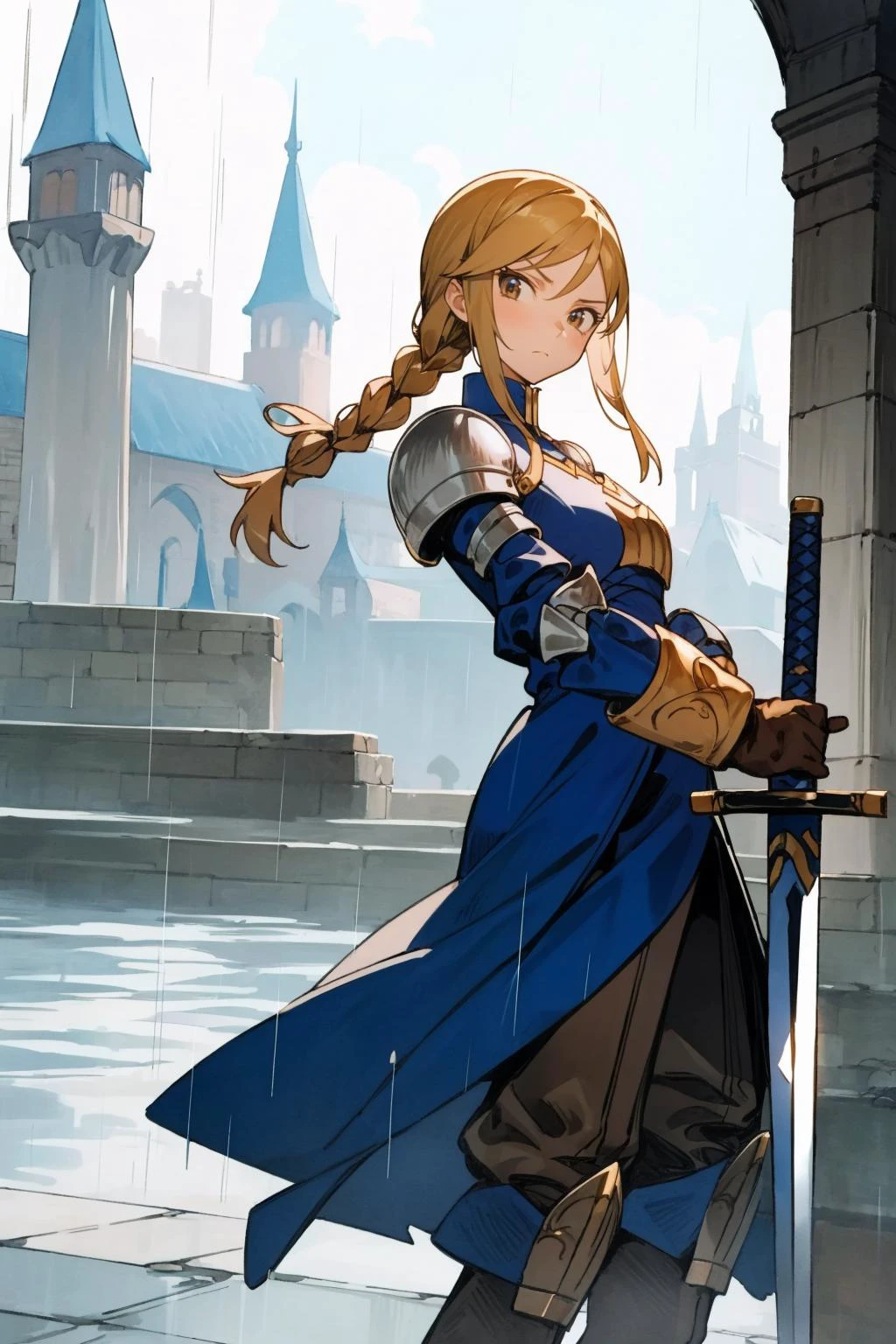 masterpiece, best quality, agrias, armor, blue dress, brown gloves, pants, unsheathing sword, looking at viewer, serious expression, castle in background, rain, overcast sky <lora:UnlimitedBladeWorks:0.9> <lora:agrias-nvwls-v1-final:0.8>