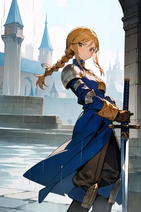 masterpiece, best quality, agrias, armor, blue dress, brown gloves, pants, unsheathing sword, looking at viewer, serious expression, castle in background, rain, overcast sky <lora:UnlimitedBladeWorks:0.9> <lora:agrias-nvwls-v1-final:0.8>