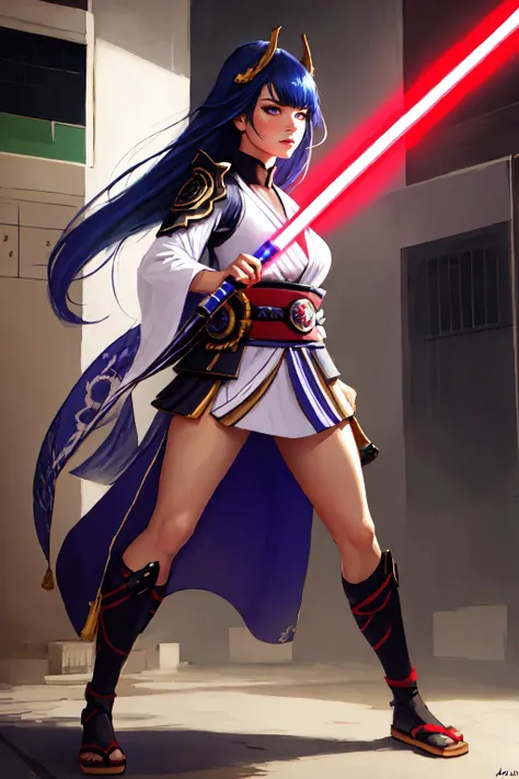 Highly detailed, High Quality, Masterpiece, <lora:UnlimitedBladeWorksv0.2:0.9>, Lightsaber, nice hands, perfect hands, <lora:Other_EnvyBetterHands:1>, Raiden_Shogun_\(genshin impact\), Raiden_Shogun:1.2, blue hair, long hair, <lora:Char_GenshinImpact_RaidenShogun:0.8>, fighting stance, stance, 1girl, full body, (detailed face and eyes:1.3)