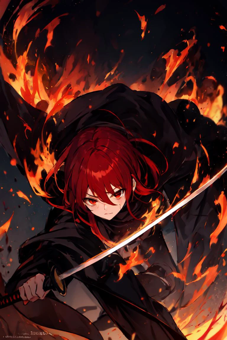 <lora:ShanaLORA-06:1> , Shana, red hair, red eyes, black cape, (frown:0.5), defending, (gritted teeth:0.7), <lyco:UnlimitedBladeWorksV1:1>, KatanaTwoHands, (from below:0.8), hard light, dramatic lighting, foreshortening, fire, flame, metropolis, night
