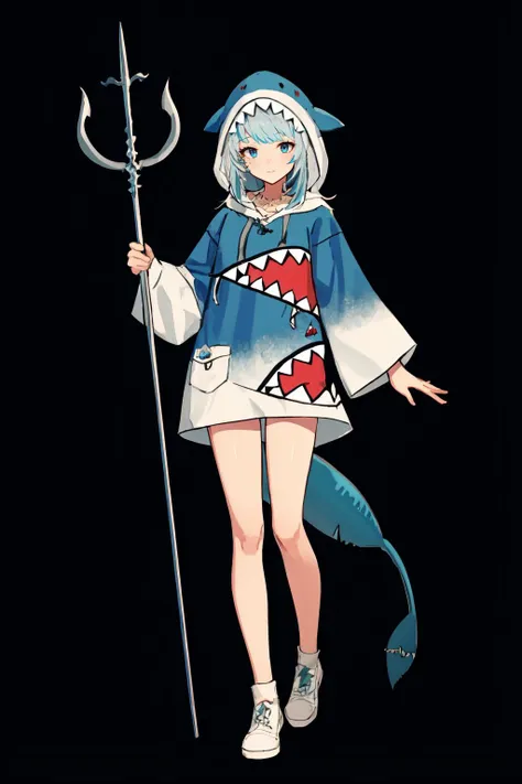 Highly detailed, High Quality, Masterpiece, <lora:UnlimitedBladeWorksv0.2:0.9>, Trident, full body, nice hands, perfect hands, <lora:Other_EnvyBetterHands:1>, gawr gura, tail, shark tail, blue hoodie, shark print, shark hair ornament, hood, hood up, <lora:Char_VTuber_GawrGura:1>, (detailed face and eyes:1.3)