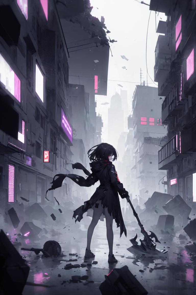 A woman standing in a city with a sword in her hand - SeaArt AI