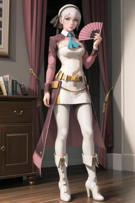 Highly detailed, High Quality, Masterpiece, beautiful, 1girl, solo, Fan, <lora:UnlimitedBladeWorks1.6:0.9>, elie macdowell, green eyes, hairband, blue ascot, hair ribbon, long sleeves, belt, pantyhose, white boots, <lora:Char_Meme_ElieMacDowell:0.9>