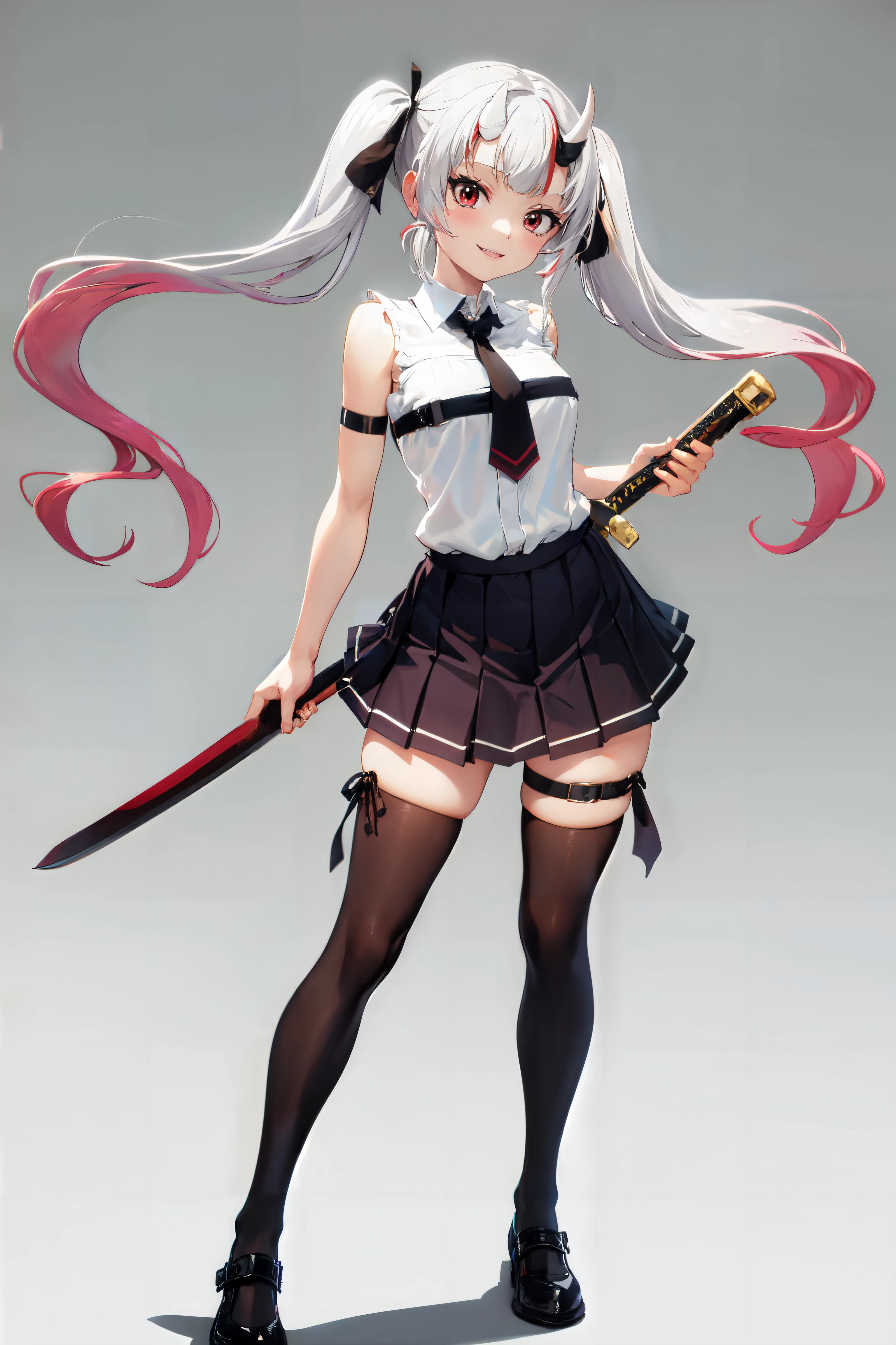 masterpiece, best quality, absurdres, perfect anatomy, 1girl, solo, Unsheathing, Nakiri Ayame, long hair, twintails, AyameCasual, white shirt, sleeveless shirt, black necktie, black skirt, pleated skirt, hair ribbon, x hair ornament, black thighhighs, thigh strap, black choker, smile, standing, <lora:NakiriAyame:0.8>, <lyco:UnlimitedBladeWorks1.6:0.9>