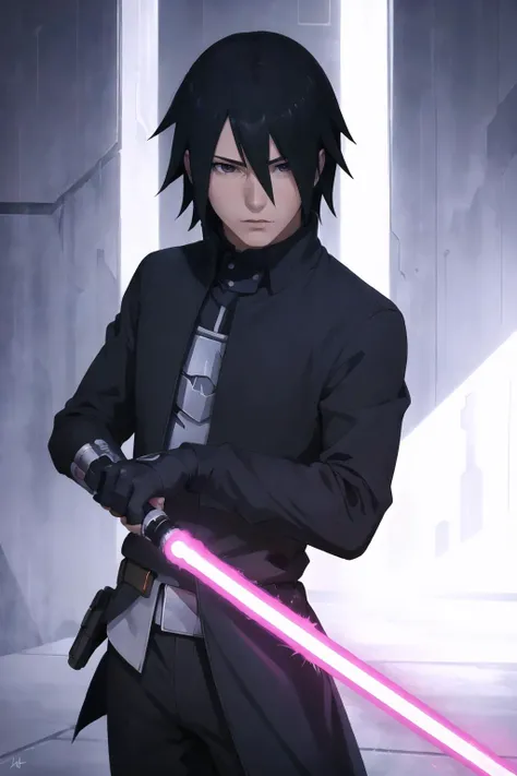 Highly detailed, High Quality, Masterpiece, beautiful, 1boy, solo, Lightsaber, <lora:UnlimitedBladeWorks1.6:0.9>, sasuke boruto, <lora:Char_Naruto_SasukeUchiha:0.8>