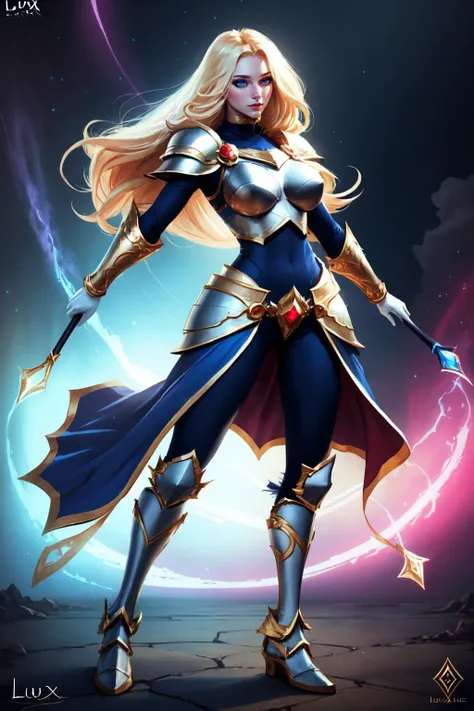 Highly detailed, High Quality, Masterpiece, <lora:UnlimitedBladeWorksv0.2:0.9>, Staff, nice hands, perfect hands, <lora:Other_EnvyBetterHands:1>, 1girl, full body, lux1, lux_(league_of_legends), long hair, armor, breastplate, bodysuit, white gloves, boobplate, <lora:Char_LoL_Lux:0.5>, (detailed face and eyes:1.3)