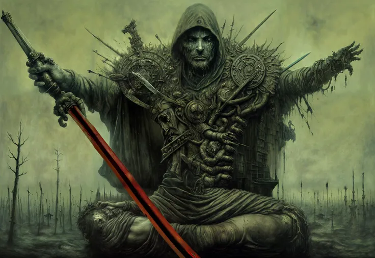 A dying God rests on his throne with a One Handed Sword in his hand, Barren, Cold sweat, Bloodcurdling, Despair,PTSD, Fractured landscapes, Chiaroscuro, Symmetry, Tetradic, in the style of Otto Dix,Zdzisław Beksiński,Paul Delvaux, ultra detailed, intricate, surrealism, oil on canvas, dry brush, <lyco:UnlimitedBladeWorksv0.4:0.8>