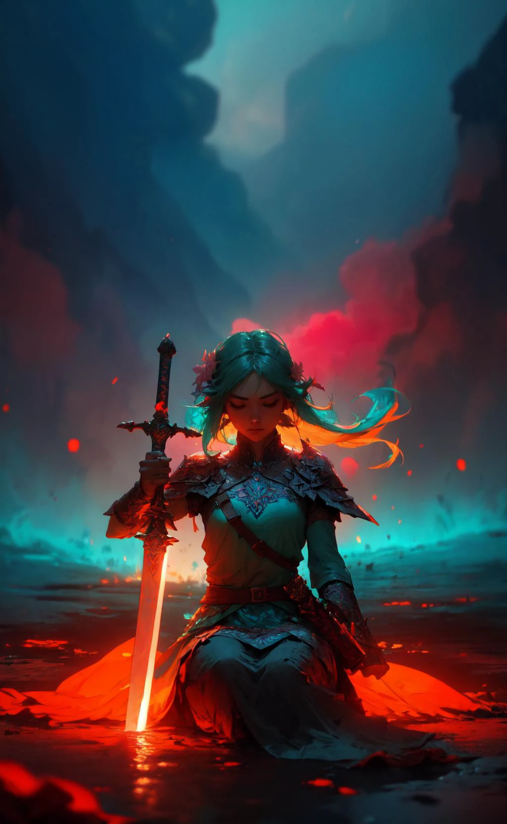 <lora:UnlimitedBladeWorks1.6:0.9>,MasterSword,woman, darl background,flower armor,,exposure blend, medium shot, bokeh, (hdr:1.4), high contrast, (cinematic, teal and orange:0.85), (muted colors, dim colors, soothing tones:1.3), low saturation,<lora:LowRA:.5> smoke,<lora:r1ge - AnimeRage:.4> shining sword,cluster amaryllis,wind,s