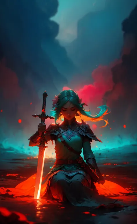 <lora:UnlimitedBladeWorks1.6:0.9>,MasterSword,woman,  darl background,flower armor,,exposure blend, medium shot, bokeh, (hdr:1.4), high contrast, (cinematic, teal and orange:0.85), (muted colors, dim colors, soothing tones:1.3), low saturation,<lora:LowRA:.5> smoke,<lora:r1ge - AnimeRage:.4> shining sword,cluster amaryllis,wind,s