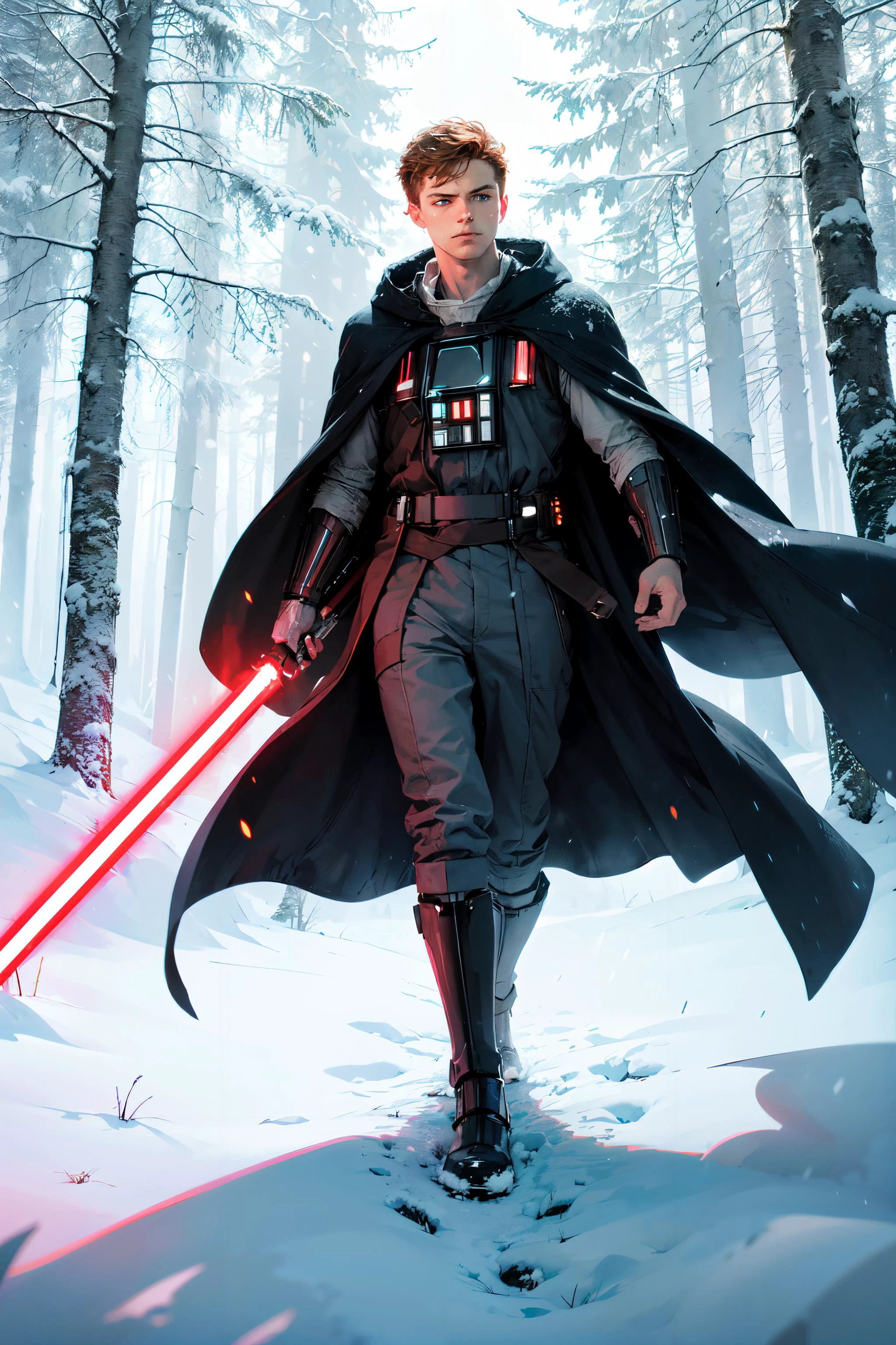 masterpiece, best quality, high quality shadow, highly detailed skin, dramatic light, skin details, 8K, photorealistic, cinematic, detailed eyes, ultra detailed, beautiful skin, detailed face, best shadow, highres, half-body shot, (young boy), looking at viewer, (short ginger hair), blue eyes, black armor, hooded flowing cloak, holding red lightsaber, dark snowy forest, mountains, <lyco:UnlimitedBladeWorks1.6:1.00>,
