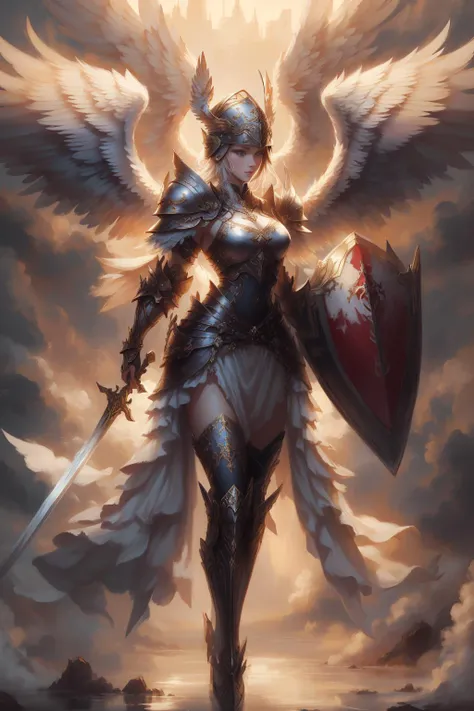 ((best quality)), ((masterpiece)), (detailed),1girl,solo,full body , <lora:AngelicWarriors_v1:0.7>,valkyrie,angel,valkyrie armor,angel wings,winged helmet, <lora:nvwushen-000006:0.4>, woman,gaodanvshen, <lora:UnlimitedBladeWorksv0.2:0.6>,Sword and Shield