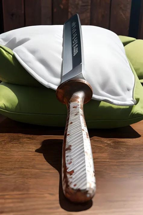 masterpiece, high quality, hdr, tomahawk, large straight sharp edge head, long painted wooden handle, branded handle, displayed on a green plush pillow, on a white table, ambient lighting, shiny metal, reflective light, <lyco:UnlimitedBladeWorks1.6:.9>, extreme detail,