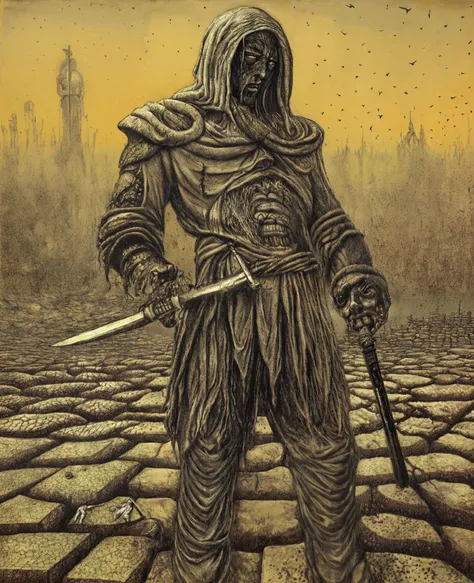 A dying God stands on the corpse of mankind with a Sword and Shield, Barren, Stench of decay,Cold sweat,Gunfire, Eerie,Phantom-like, Anguish,Anxiety, Fractured landscapes, heavy Pointillism, Rule of thirds, vibrant High contrast, in the style of (Ivan Albright:1.1), ultra detailed, intricate, surrealism, oil on canvas, dry brush, <lyco:UnlimitedBladeWorksv0.4:0.8>