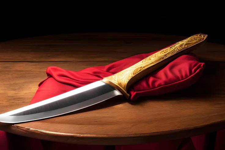 masterpiece, high quality, knife, wooden handle, gold painted handle, etching on blade, on a red pillow, wooden table, ambient lighting, dark background, <lyco:UnlimitedBladeWorks1.6:.9> extreme detail, <lora:more_details:.5>