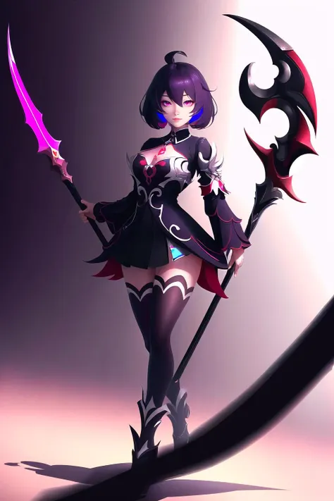 Highly detailed, High Quality, Masterpiece, beautiful, Scythe, <lora:UnlimitedBladeWorksv0.4:0.9>, seele (alter ego), seele vollerei, honkai (series), honkai impact 3rd, <lora:Char_HonkaiImpact_SeeleVollerei:1>, full body, (detailed face and eyes:1.3)