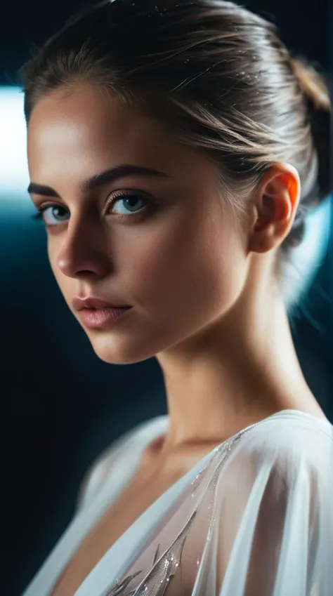 Close up Portrait, 8k quality, CyberPunk Astral Angel of Estonia, white flowing transparent linen gown, CyberPunk Graphic Novel Cover Art style, demur petite dainty body, Display of Powers, willa holland, ((slim, petite)), photorealistic, photo, masterpiece, realistic, realism, photorealism, high contrast, photorealistic digital art trending on Artstation 8k HD high definition detailed realistic, detailed, skin texture, hyper detailed, realistic skin texture, armature, best quality, ultra high res, (photorealistic:1.4),, high resolution, detailed, raw photo, sharp re, by nikon d850 film stock photograph 4 kodak portra 400 camera f1.6 lens rich colors hyper realistic lifelike texture dramatic lighting unrealengine trending on artstation cinestill 800