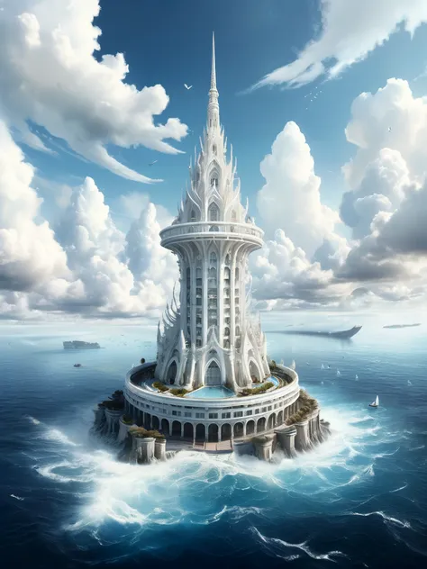 8k. highly detailed.

A surreal circular white spire, 30 storeys high, climbing high into the sky, reaching the clouds, surrounded by balconies, sitting in the middle of the ocean.

Fantasy style. Dreamlike fantasy art. soft watercolor.

hyperrealistic.

<lora:RMSDXL_Enhance:0.45>
<lora:MJ52:0.3>