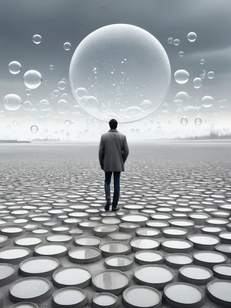 Closeup of a man. He stands on a surreal bland grey concrete landscape. It is empty of everything. The surface is dotted with large cylinders. White bubbles hang in the sky.
hyperrealistic.