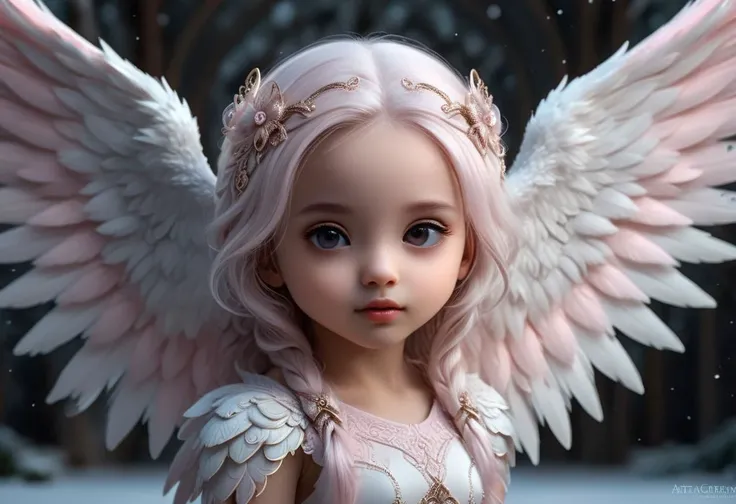 hyper detailed little chibi beautiful coherent face angel, fully body portrait, light pink jasmine, huge hyperdetailed fluffy wings, lots of fur, intricate filigree, winter background scene, in the style of illustration art by artgerm, charlie bowater and jennifer janesko and Diego Gisbert Llorens fantasy, extremely detailed, hyperdetailed,