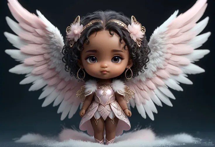 hyper detailed little chibi beautiful coherent face african angel, dark natural curly hair, fully body portrait, light pink jasmine, huge hyperdetailed fluffy wings, lots of fur, intricate filigree, winter background scene, in the style of illustration art by artgerm, charlie bowater and jennifer janesko and Diego Gisbert Llorens fantasy, extremely detailed, hyperdetailed,