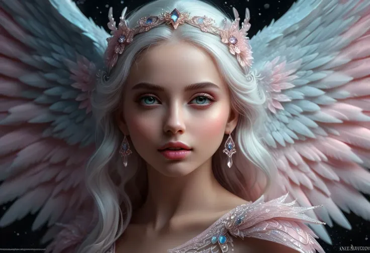 hyper detailed beautiful coherent face angel, close up portrait, light pink jasmine, huge hyperdetailed fluffy wings, lots of fur, intricate filigree, extremely detailed ice crystals, in the style of illustration art by artgerm, charlie bowater and jennifer janesko and Diego Gisbert Llorens fantasy, extremely detailed, hyperdetailed, vibrant colors, anna dittmann, steampunk hyperdetailed Tomasz Alen Kopera maximalism futuristic 8K polished masterpiece, Watercolor collage of vintage tarnished copper squares held down with rivets, steampunk style, style of Raymond Swanley, hyper realistic, intricate detail, illustration