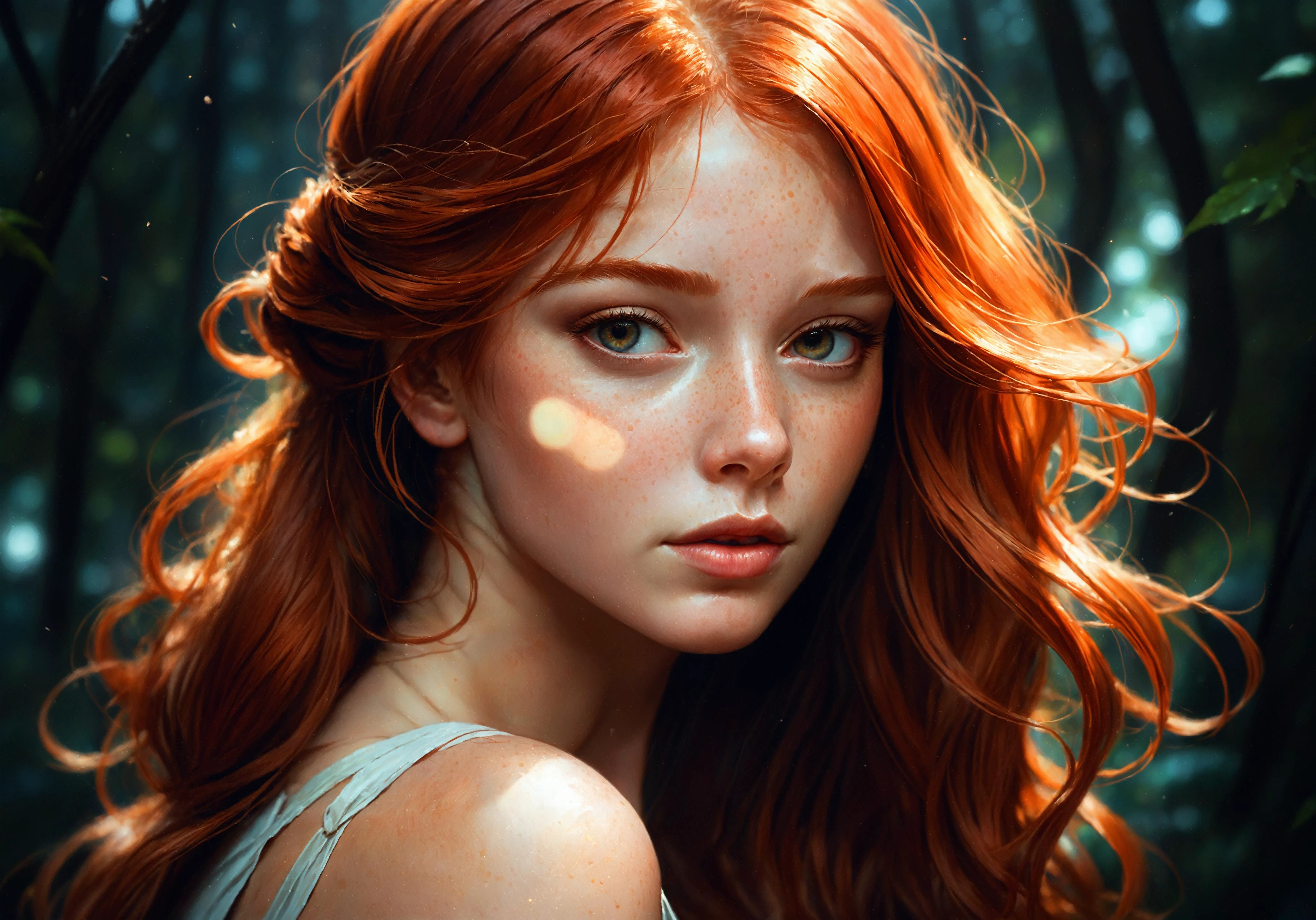 freckled redhead girl dark light, intricate, elegant, highly detailed, digital painting, artstation, concept art, smooth, sharp focus, illustration, art by artgerm and greg rutkowski and alphonse mucha