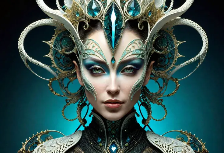 Alien queen portrait, interweaving techno-anatomical and fractal elements, fusion of Raymond Briggs' character design and Ellen Jewett's intricate sculptural craftsmanship, dynamic lighting highlighting multifaceted textures, cinematic postprocessing for an exquisite visual