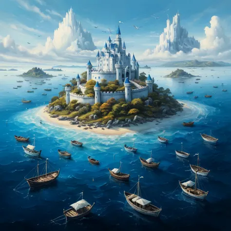 8k.
A single small island in distant ocean with a white castle on it. There is nothing else for miles around.
Dozens of empty boats converging on the island from all directions.
Fantasy style. Fantasy dreamlike art. oil painting.
<lora:RMSDXL_Enhance:0.45>
<lora:add-detail-xl:0.8>