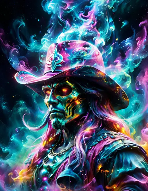 ((hyper abstract:1.2), vibrant, space opera, LSD, ethereal, smooth, vaporwave, colored smoke:1.5) extreme close up portrait of an ancient god space pirate with cowboy hat and shiny helmet made of exploding galaxies and colorful clouds. SDS_Particle_Flow, smoke, Colorsplash, AuroraStyle.
(masterpiece, highly reflective:1.3)
<lora:sdxl_++:0.5> <lora:SDXLPaintSplash:0.5> <lora:magik_smoke_v1.2:0.5> <lora:SDXLAuroraStyle:0.5>
