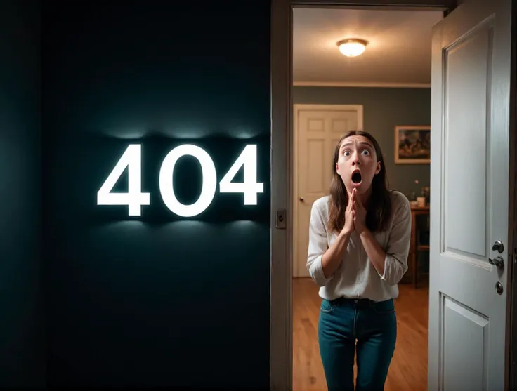 person standing in front room with of an open door BREAK
(404 text logo:1.4) inside the dark room <lora:Harrlogos_v1.1:1> BREAK
(person with a shocked expression looking at the sign)