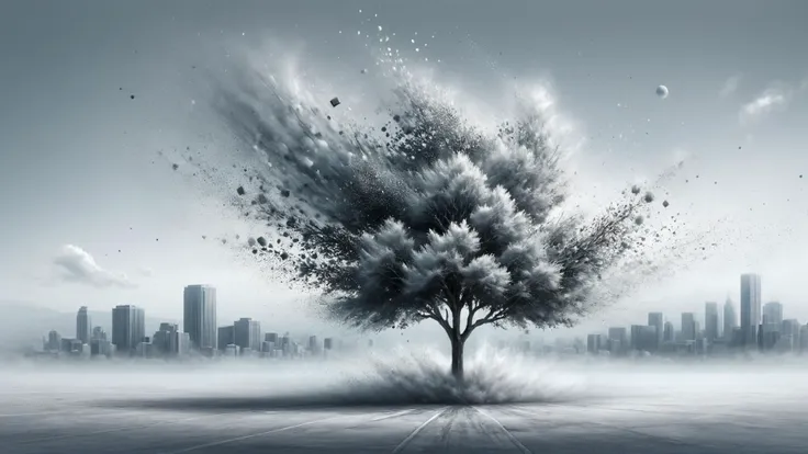 lone tree exploding into grey dust blown by the wind,modern cityscape background,volumetric lighting,masterpiece,top quality,best quality,official art,beautiful and aesthetic,ral-dissolve,<lora:BartG:0.9>,<lora:ral-dissolve:1>,