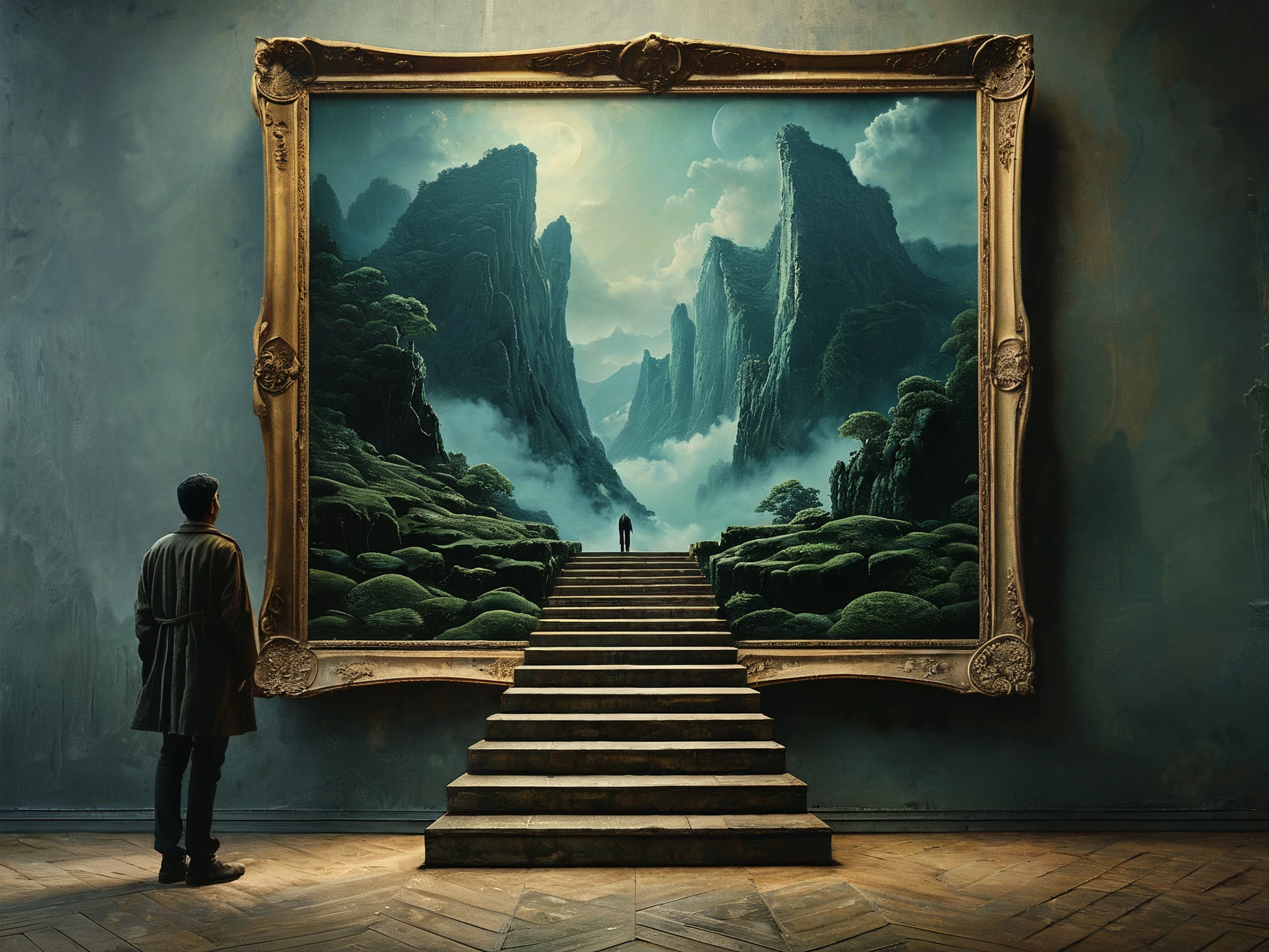 A man staring at an enormous framed artwork. Within the frame is the depiction of green beautiful tranquility, a place where a man can find peace. He climbs steps into the canvas and leaves his world behind.
hyperrealistic.
Fantasy style, fantasy dreamlike art.
<lora:RMSDXL_Enhance:0.45>
<lora:add-detail-xl:0.8>
<lora:MJ56:0.3>
<lora:The_Dark_Side_of_the_Earth:0.8>