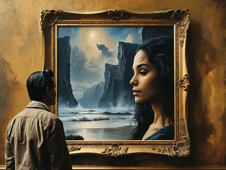 A man staring at an enormous framed artwork. Within the frame is a closeup of a beautiful woman he once knew. She beckons for him to enter the painting. hyperrealistic.

Fantasy style, fantasy dreamlike art.

<lora:RMSDXL_Enhance:0.45>
<lora:add-detail-xl:0.8>
<lora:MJ56:0.3>
<lora:The_Dark_Side_of_the_Earth:0.8>