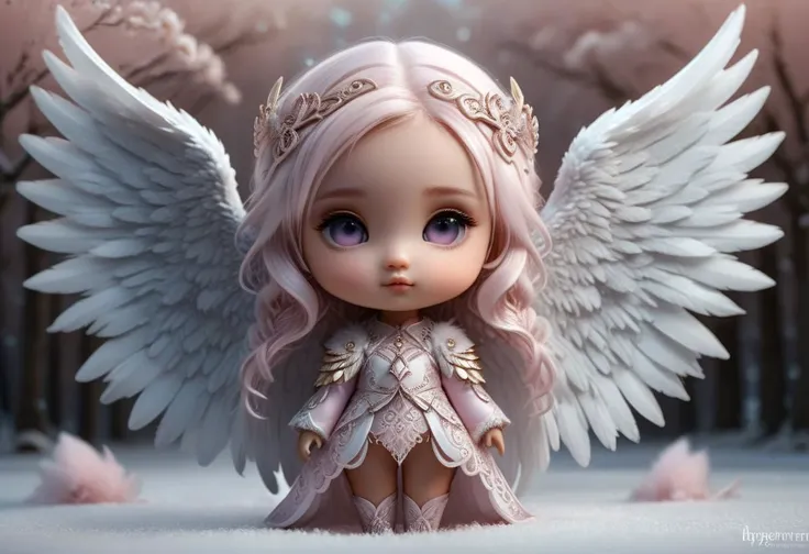 hyper detailed little chibi beautiful coherent face angel, fully body portrait, light pink jasmine, huge hyperdetailed fluffy wings, lots of fur, intricate filigree, winter background scene, in the style of illustration art by artgerm, charlie bowater and jennifer janesko and Diego Gisbert Llorens fantasy, extremely detailed, hyperdetailed,