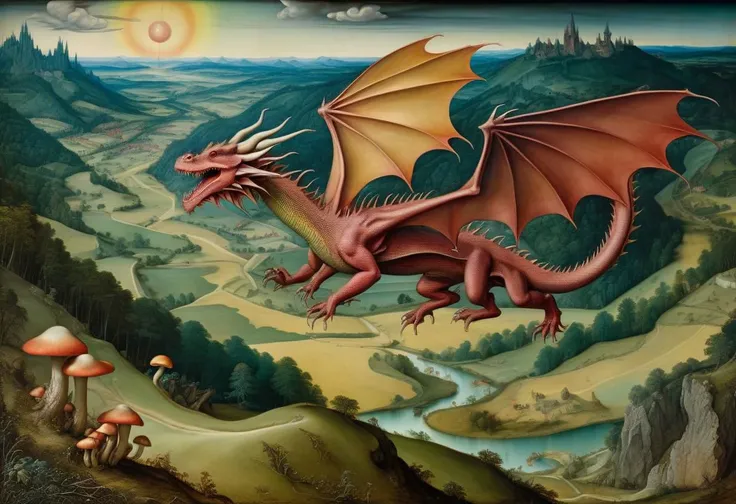 Detailed realistic photo of psychodelic flying dragon over a valley filed with growing mushrooms glowing in subtle light by Albert Durer and Hieronymus Bosch
