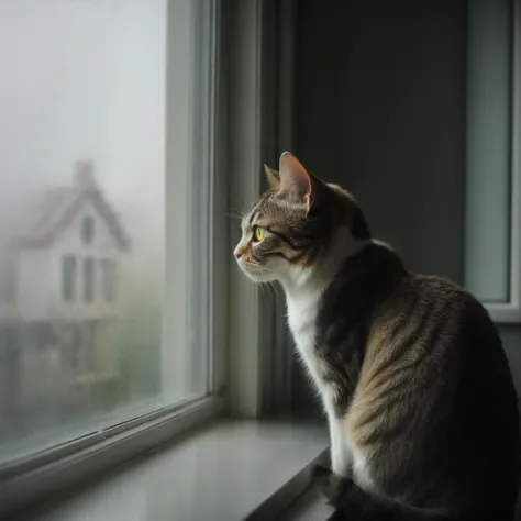 cinematic photo of a cat watching out of a window, fog, haze lighting