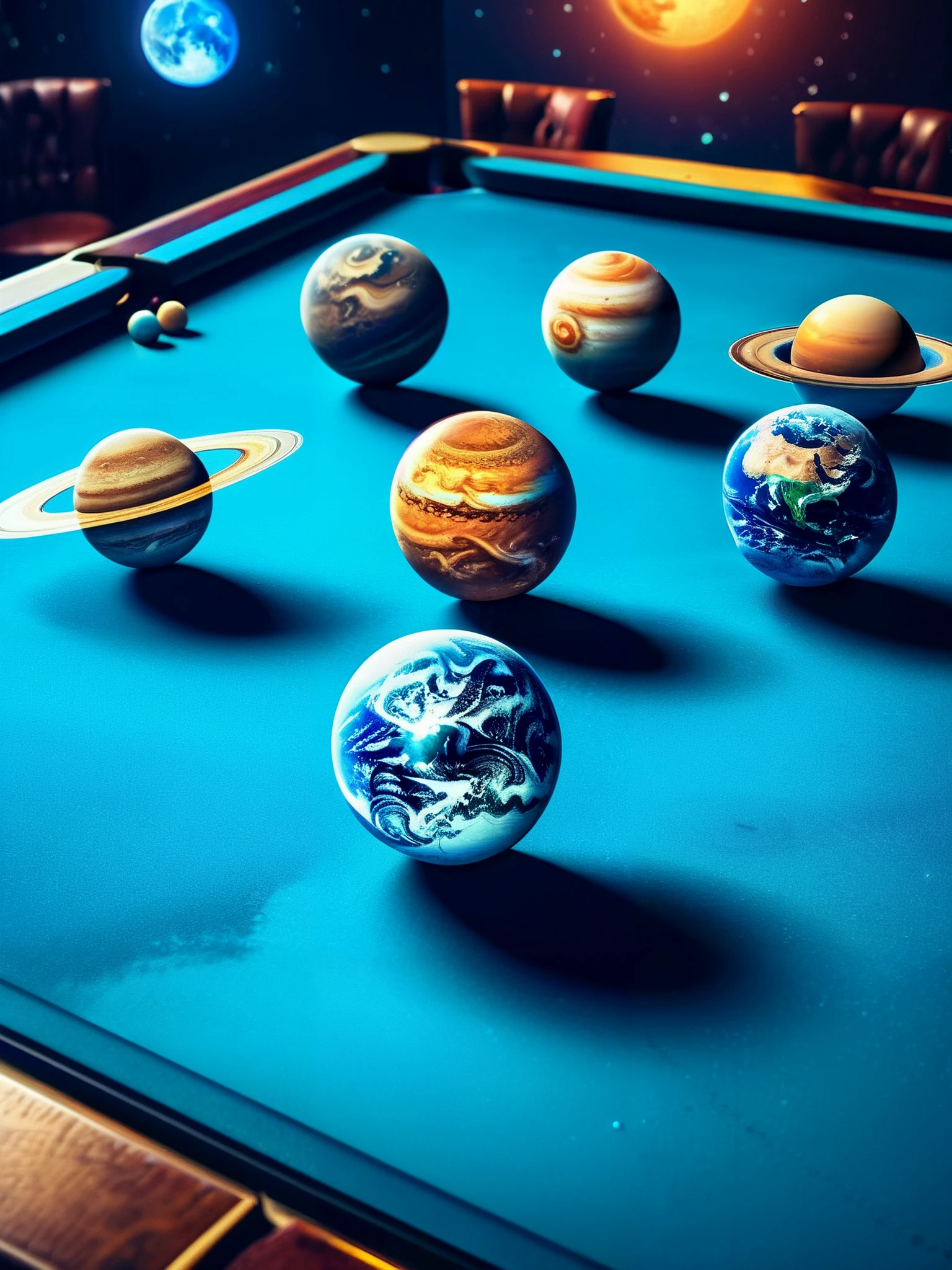 Closeup of all the planets Mercury, Venus, Earth, Mars, Jupiter, Saturn, Uranus, and Neptune on a pool table.
Fantasy style, fantasy dreamlike art, surreal,
<lora:RMSDXL_Enhance:0.45>
<lora:add-detail-xl:0.8>
<lora:MJ56:0.3>